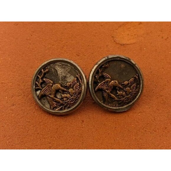 2 hummingbirds metal Picture Button getting nectar from cute flower antique vin - Picture 2 of 4